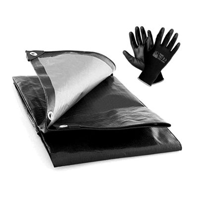 1.5 x 2 m Heavy-Duty Tarpaulin Cover - Black 235GSM - Waterproof, Weatherproof, Frost-Resistant, UV Protection + Work Gloves