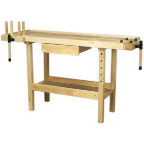 1.52m Woodworking Varnished Bench - Tool Well & Draw with 2 Built In Vices