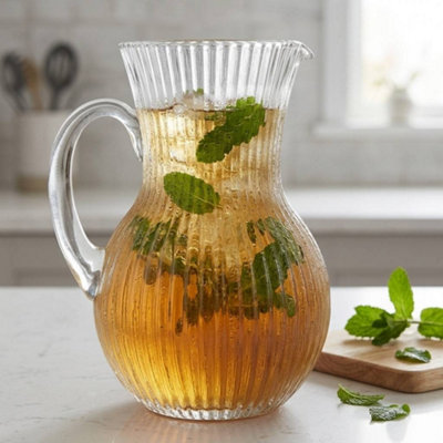 1.5L Vintage Ribbed Clear Glass Pitcher with Handle and Pour Spout
