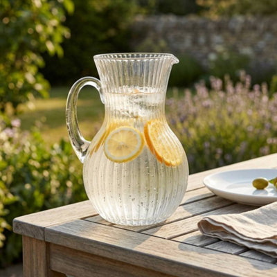 1.5L Vintage Ribbed Clear Glass Pitcher with Handle and Pour Spout