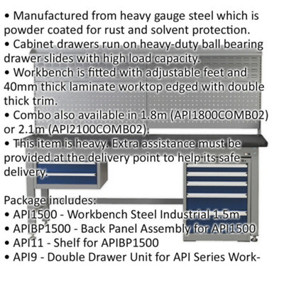 1.5m Complete Industrial Workstation & Cabinet Set - Back Panel Drawers Storage