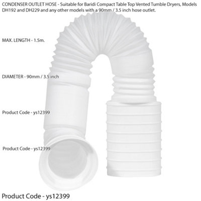 1.5m Flexible Tumble Dryer Condenser Vent Hose Pipe - 90mm Diameter Outlet