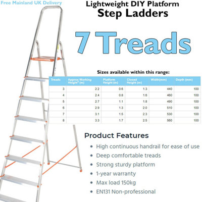 1.5m Lightweight Aluminium Platform Step Ladders 7 Tread Anti Slip DIY Steps