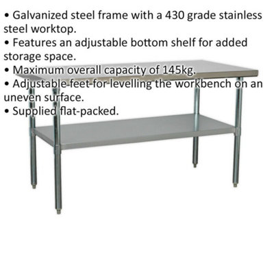 1.5m Stainless Steel Work Bench & Adjustable Storage Shelf - Kitchen Station