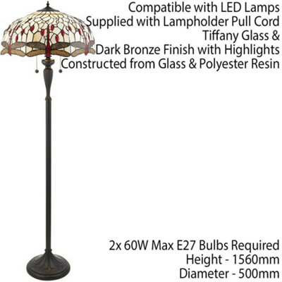 1.5m Tiffany Twin Floor Lamp Dark Bronze & Dragonfly Stained Glass Shade i00012