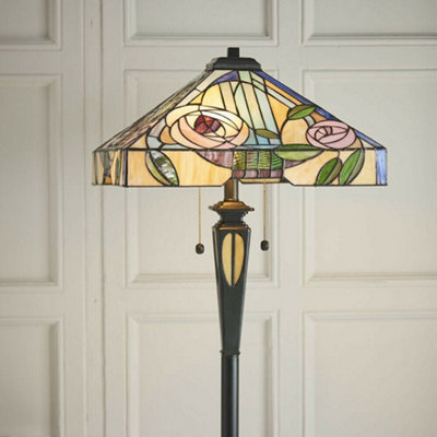 1.5m Tiffany Twin Floor Lamp Dark Bronze & Stained Glass Roses Shade i00029