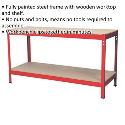 1.5m x 0.6m Workbench - Wooden Top & Storage Shelf - Steel Frame Work Station