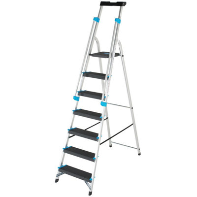 1.5m XL Platform Step Ladders 7 Tread Anti Slip Steps & Tool Tray Aluminium