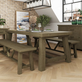 1.6m Fixed Solid Reclaimed Pine Hand Finished Dining Table Set