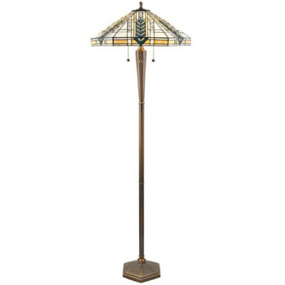 1.6m Tiffany Multi Light Floor Lamp Antique Brass & Stained Glass Shade i00021