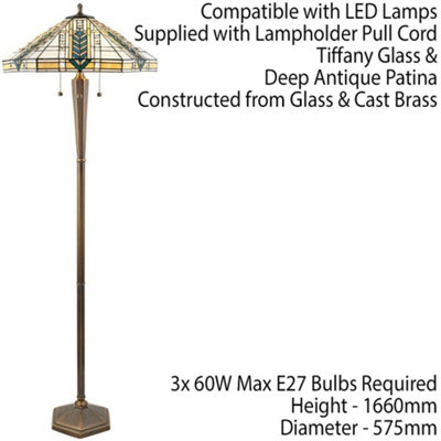 1.6m Tiffany Multi Light Floor Lamp Antique Brass & Stained Glass Shade i00021