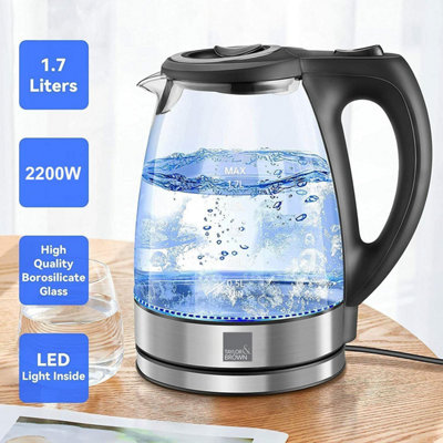 1.7L Electric Glass Kettle - Blue LED while boiling - Ergonomic Handle - Boil Dry And Overheat Protection - Portable Design - 3