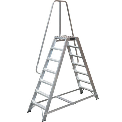 1.7m Heavy Duty Double Sided Fixed Step Ladders Safety Handrail & Wide Platform