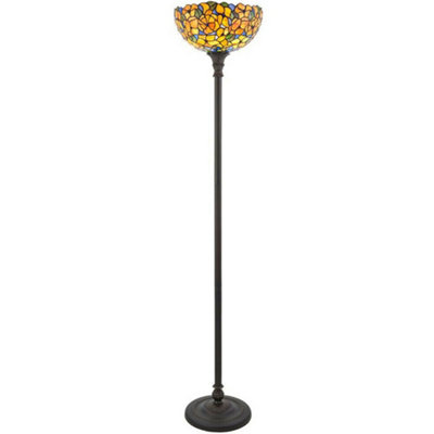 1.7m Tiffany Uplight Floor Lamp Dark Bronze & Flower Stained Glass Shade i00018