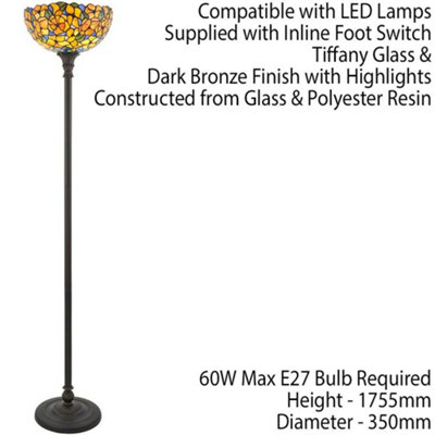 1.7m Tiffany Uplight Floor Lamp Dark Bronze & Flower Stained Glass Shade i00018