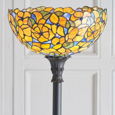 1.7m Tiffany Uplight Floor Lamp Dark Bronze & Flower Stained Glass Shade i00018