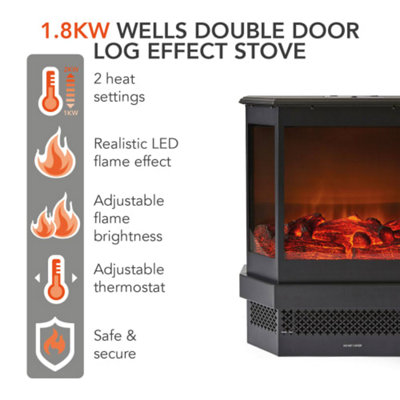 1.8KW Wells Panoramic Double Door Log Effect Fire Stove Black