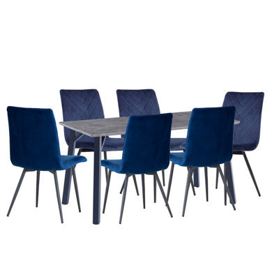 1.8m Concrete Grey Dining Table and 6 Blue Velvet Chairs - MDF/Iron