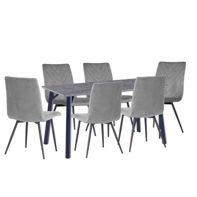 1.8m Concrete Grey Dining Table and 6 Grey Velvet Chairs - MDF/Iron