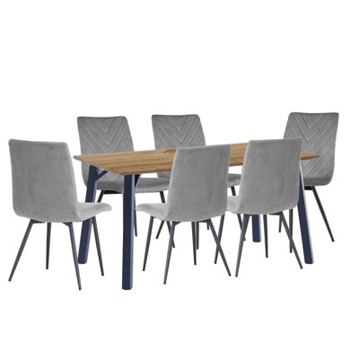 1.8m Oak Finish Dining Table and 6 Grey Velvet Chairs - MDF/Iron