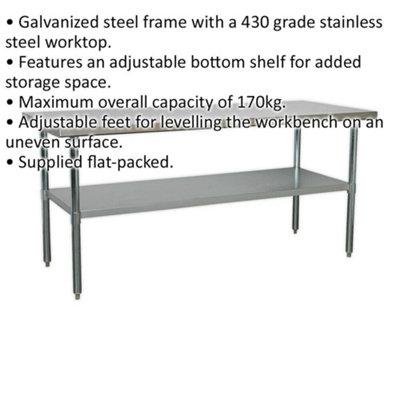 1.8m Stainless Steel Work Bench & Adjustable Storage Shelf - Kitchen Station