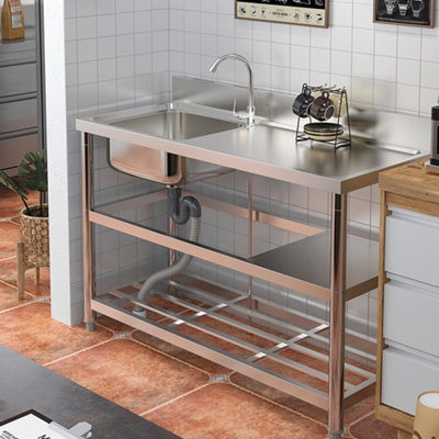 1 Compartment Commercial Floorstanding Stainless Steel Kitchen Sink with Storage Shelf 120cm