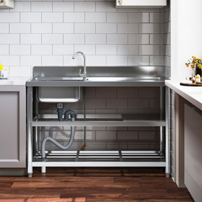 1 Compartment Commercial Floorstanding Stainless Steel Kitchen Sink with Storage Shelf 120cm
