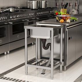 1 Compartment Commercial Floorstanding Stainless Steel Kitchen Sink with Storage Shelf 80cm