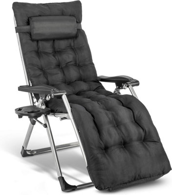 1 Deluxe Reclining Zero Gravity Chair With Cushion & Garden Cup Holder Lounger Outdoor - Black