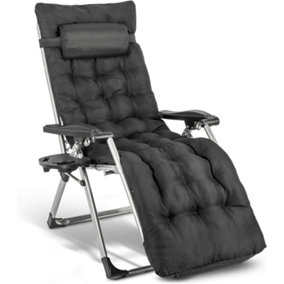 1 Deluxe Reclining Zero Gravity Chair With Cushion & Garden Cup Holder Lounger Outdoor - Black