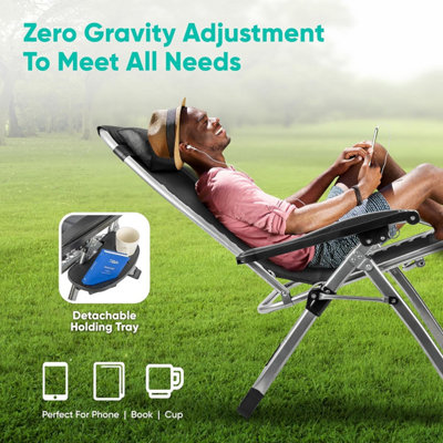 1 Deluxe Reclining Zero Gravity Chair With Cushion & Garden Cup Holder Lounger Outdoor - Black - 3