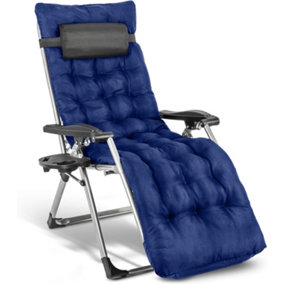 1 Deluxe Reclining Zero Gravity Chair With Cushion & Garden Cup Holder Lounger Outdoor - Blue
