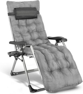 1 Deluxe Reclining Zero Gravity Chair With Cushion & Garden Cup Holder Lounger Outdoor - Grey