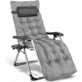1 Deluxe Reclining Zero Gravity Chair With Cushion & Garden Cup Holder Lounger Outdoor - Grey