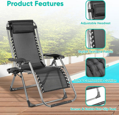 1 Deluxe Reclining Zero Gravity Chair With Cushion Garden Cup Holder Lounger Outdoor Grey