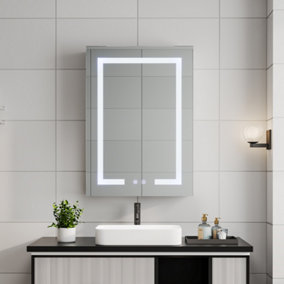 1-Door LED Illuminated Anti Fog Mirrored Bathroom Cabinet with Touch Sensor Shaver Socket 60x45cm