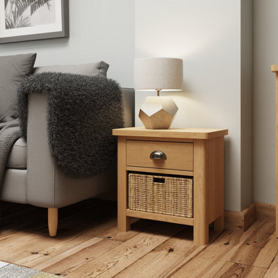 1 Drawer 1 Basket Unit - Pine/Plywood/MDF - L50 x W30 x H50 cm - Rustic Oak /Wicker