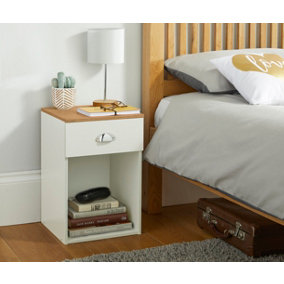 1 Drawer Bedside Table with Cup Handles in Cream & Oak Effect