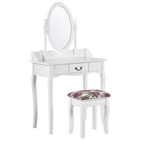 1 Drawer Dressing Table with Oval Mirror and Stool White SOLEIL