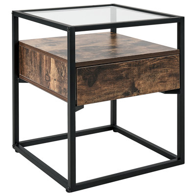 1 Drawer Glass Top Side Table Dark Wood with Black MAUK