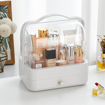 1 Drawer White Portable Dustproof Makeup Storage Box Beauty Cosmetic Organiser for Dresser, Bathroom, Bedroom