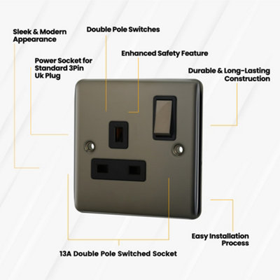 1 Gang 13A Double Pole Switched Socket - Black Nickel - 3