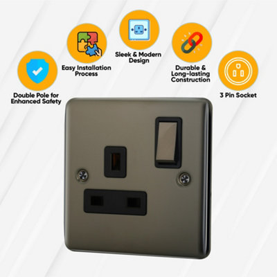 1 Gang 13A Double Pole Switched Socket - Black Nickel - 6