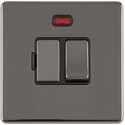1 Gang 13A Switched Fuse Spur Neon SCREWLESS BLACK NICKEL Rocker Mains Isolation