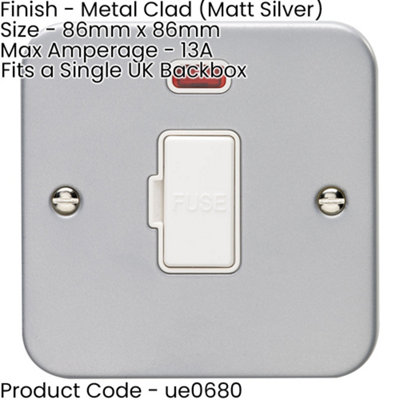 1 Gang 13A Unswitched Fuse Spur Neon HEAVY DUTY METAL CLAD Mains Isolation Plate