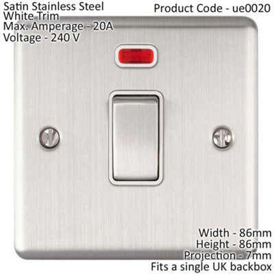 1 Gang 20A DP Single Switch & Neon Power Indictor SATIN STEEL & White Trim
