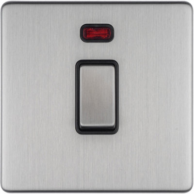 1 Gang 20A Single Light Switch & Neon SCREWLESS SATIN STEEL 2 Way Rocker Plate