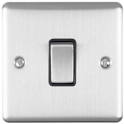 1 Gang 20A Single Light Switch SATIN STEEL & BLACK TRIM 2 Way Metal Rocker