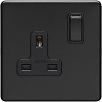 1 Gang DP 13A Switched UK Plug Socket SCREWLESS MATT BLACK Wall Power Outlet