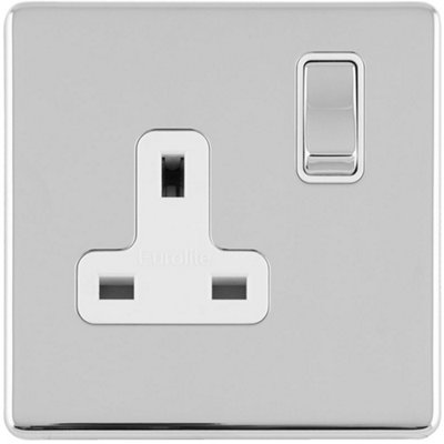 1 Gang DP 13A Switched UK Plug Socket SCREWLESS POLISHED CHROME Power Outlet